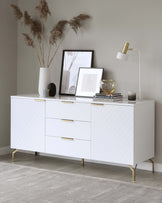 Contemporary white sideboard with chevron detailing and brass-finished handles and legs.