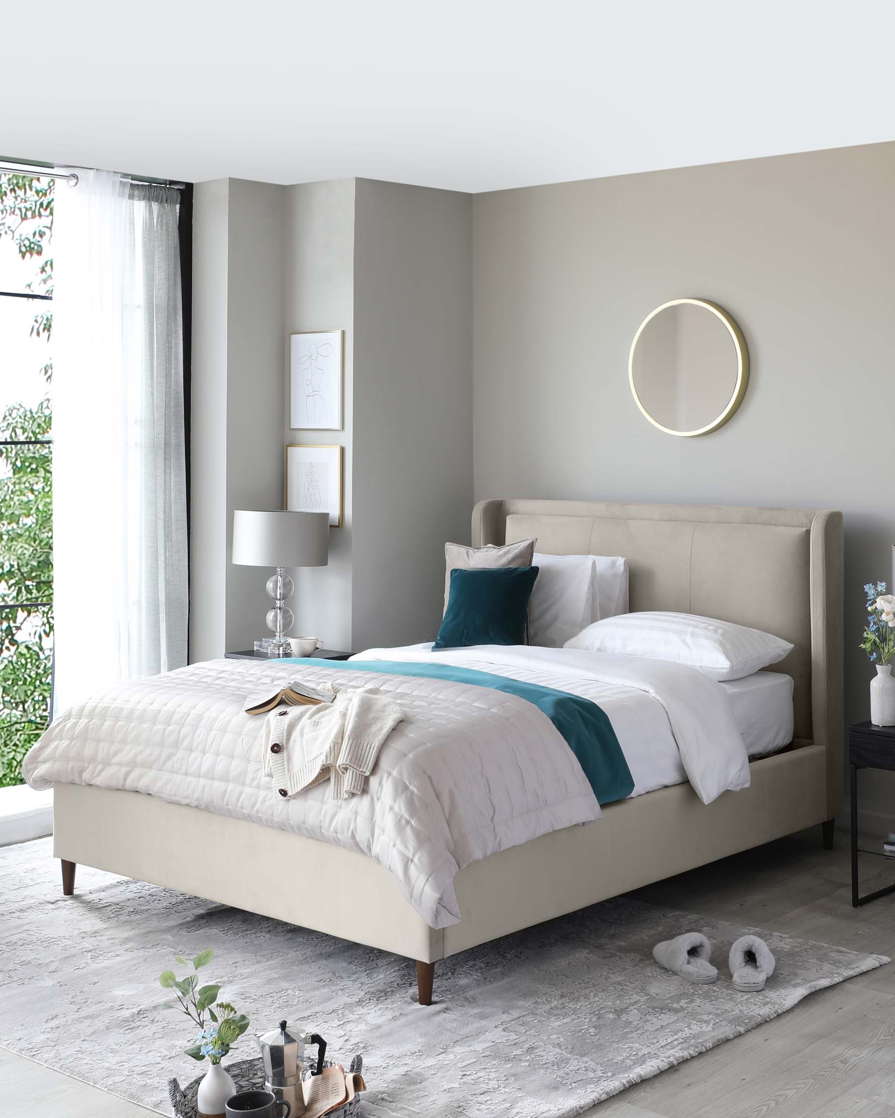 Elegant bedroom setting featuring a contemporary upholstered bed with a high padded headboard and tapered wooden legs, dressed with crisp white bedding, a teal throw, and assorted pillows. Beside the bed is a sleek nightstand with a table lamp, and a modern round mirror hangs on the wall above. A soft grey area rug rests on the floor, enhancing the serene and sophisticated ambiance of the room.