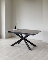 Modern minimalist rectangular dining table with a matte black tabletop and a sculptural black metal base, displayed in a room with light grey walls and pale wooden flooring. A small black vase with a sprig of greenery is placed on the table.