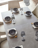 Modern rectangular dining table with a smooth, stone-like surface, accompanied by elegant, cream-upholstered dining chairs with vertical line detailing. The table is set with dark-toned ceramic dishes, accompanied by clear wine glasses and gold-toned cutlery, creating a sophisticated dining arrangement.