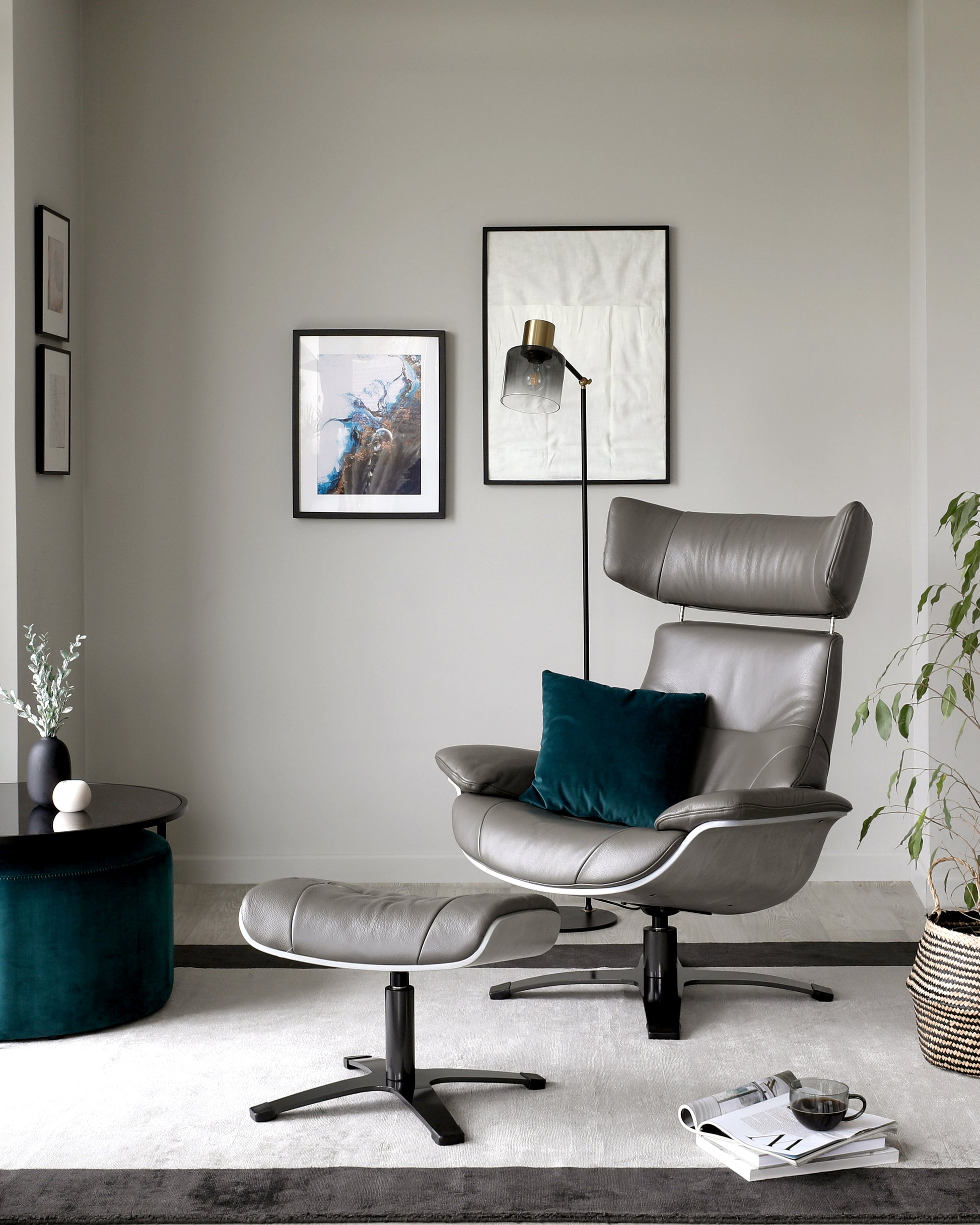 karma leather and wood reclining armchair and footstool dark grey