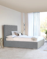 leo king size velvet chrome bed with storage light grey