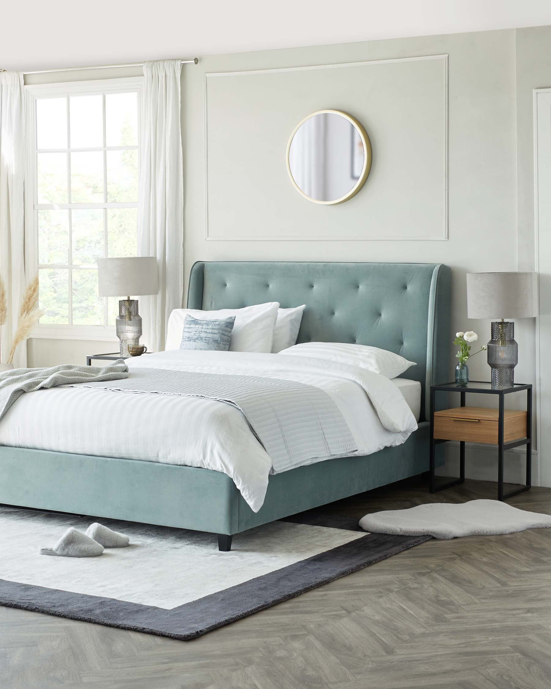 Elegant bedroom furniture consisting of an upholstered teal king-sized bed with a tufted headboard, flanked by a modern black metal nightstand with a wooden drawer.