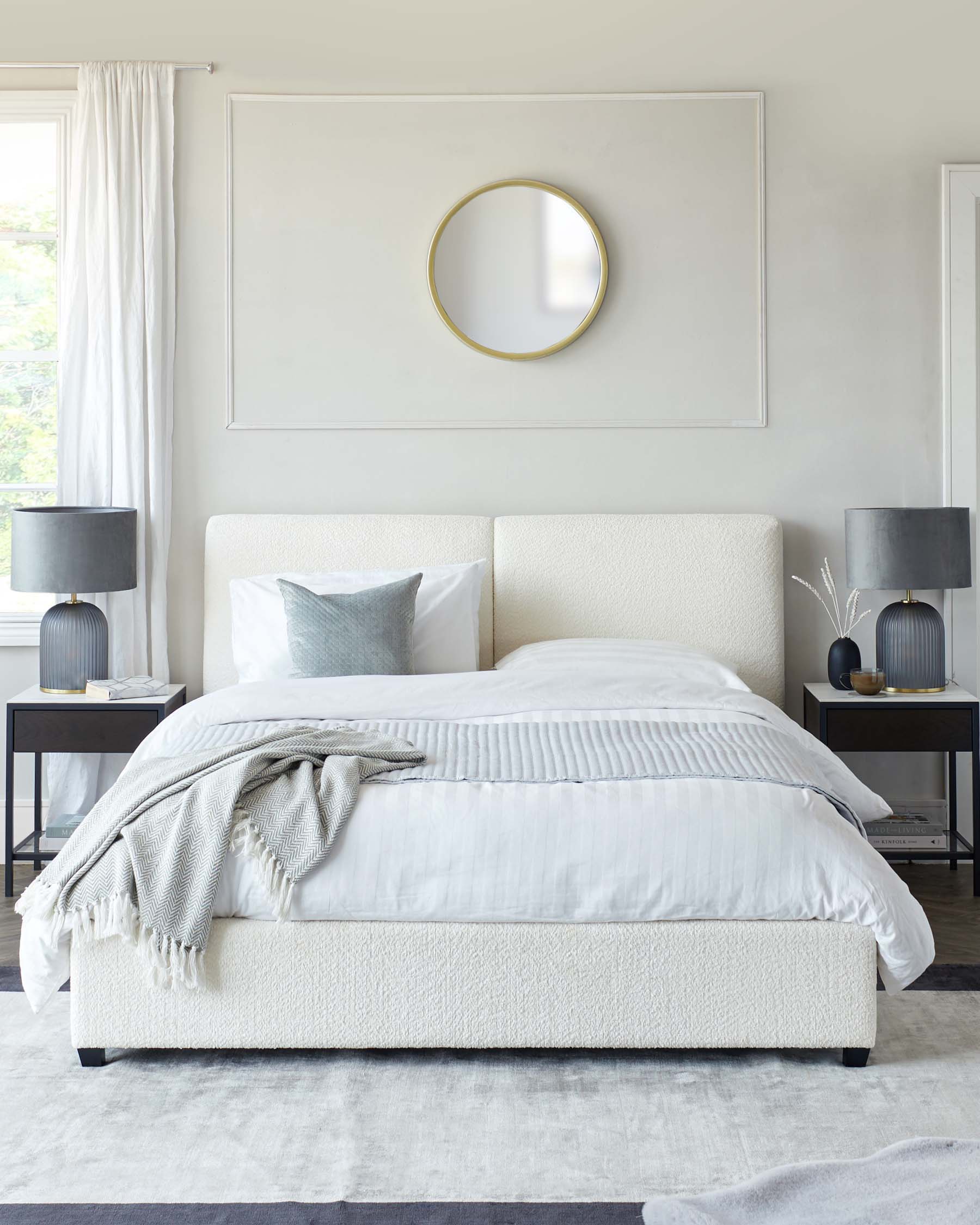 A plush cream bed with gray accents, two modern lamps, and sleek nightstands enhances a calm, minimalistic bedroom vibe.