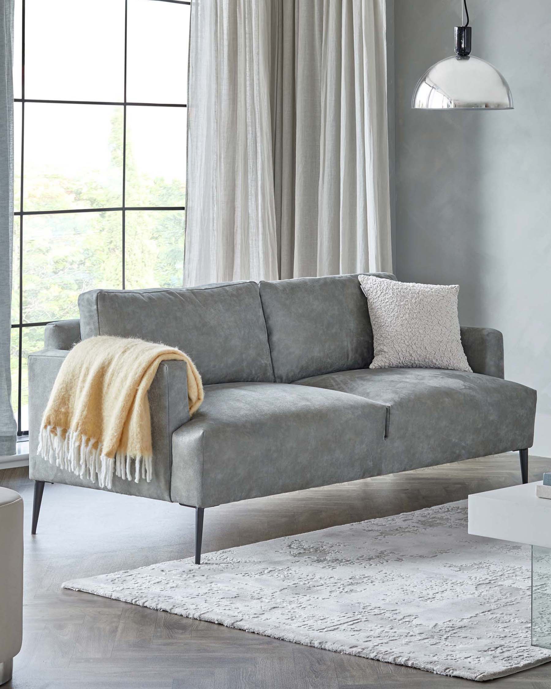 Modern gray sofa with slim legs, cozy throw blanket, plush cushion, and a textured rug, accentuated by natural light.