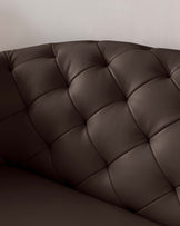 Luxurious brown leather upholstered sofa with tufted backrest and seat cushions, displaying a contemporary design with a comfortable and opulent look.