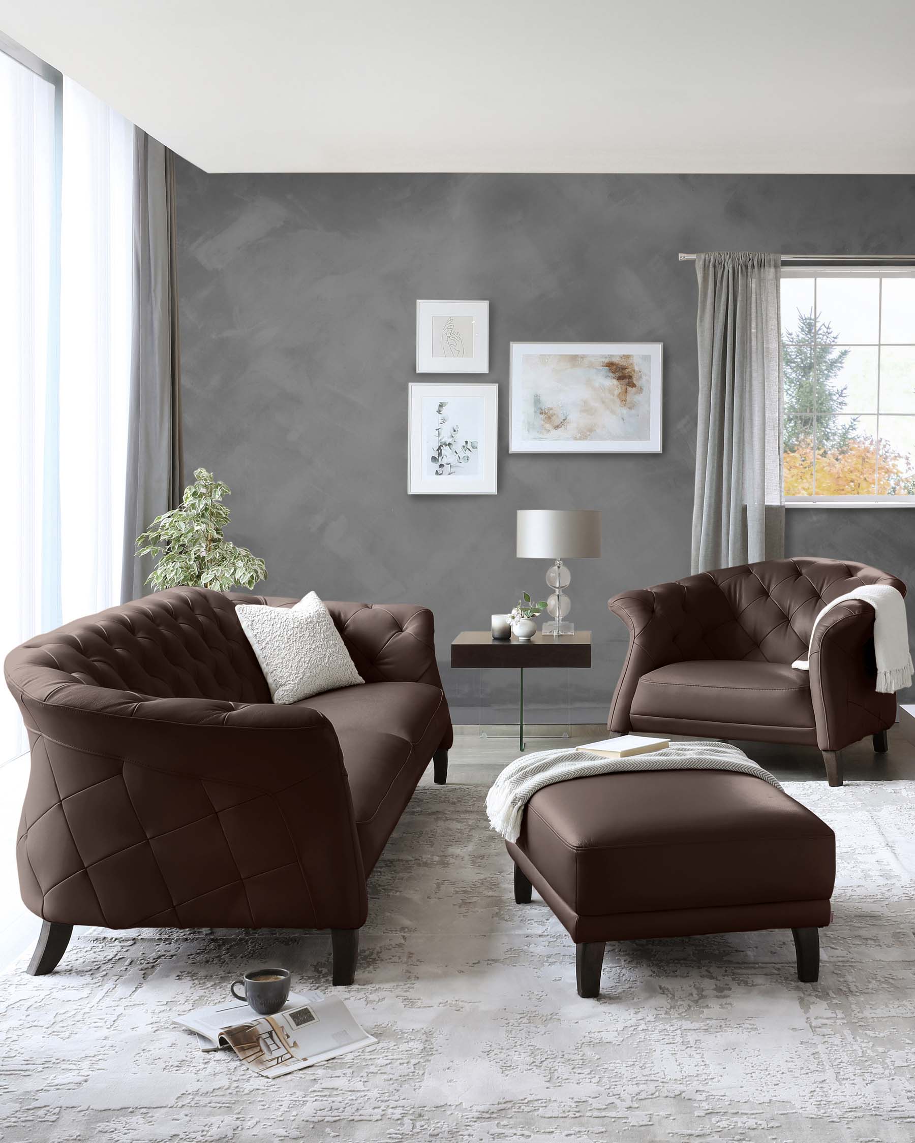 Elegant living room furniture set including a chocolate brown tufted leather sofa, matching armchair, and ottoman. A contemporary style side table with a lamp and decorative items. All pieces rest on a neutral-toned area rug with a distressed pattern.