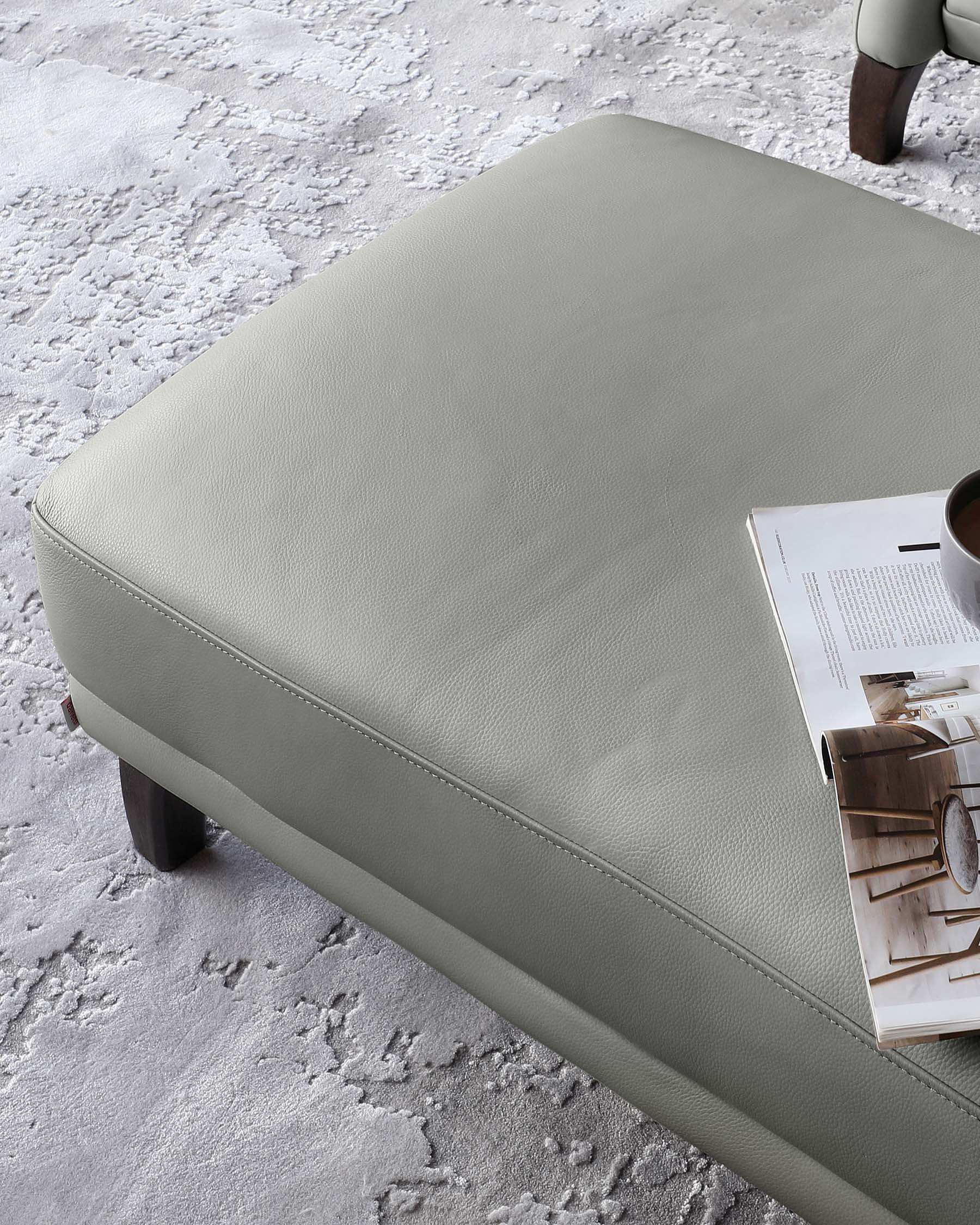 Contemporary grey leather ottoman with visible fine stitching details and dark wooden legs, set on a textured light grey rug. A stylish magazine rests on top, partially visible, suggesting a relaxed, modern living space.