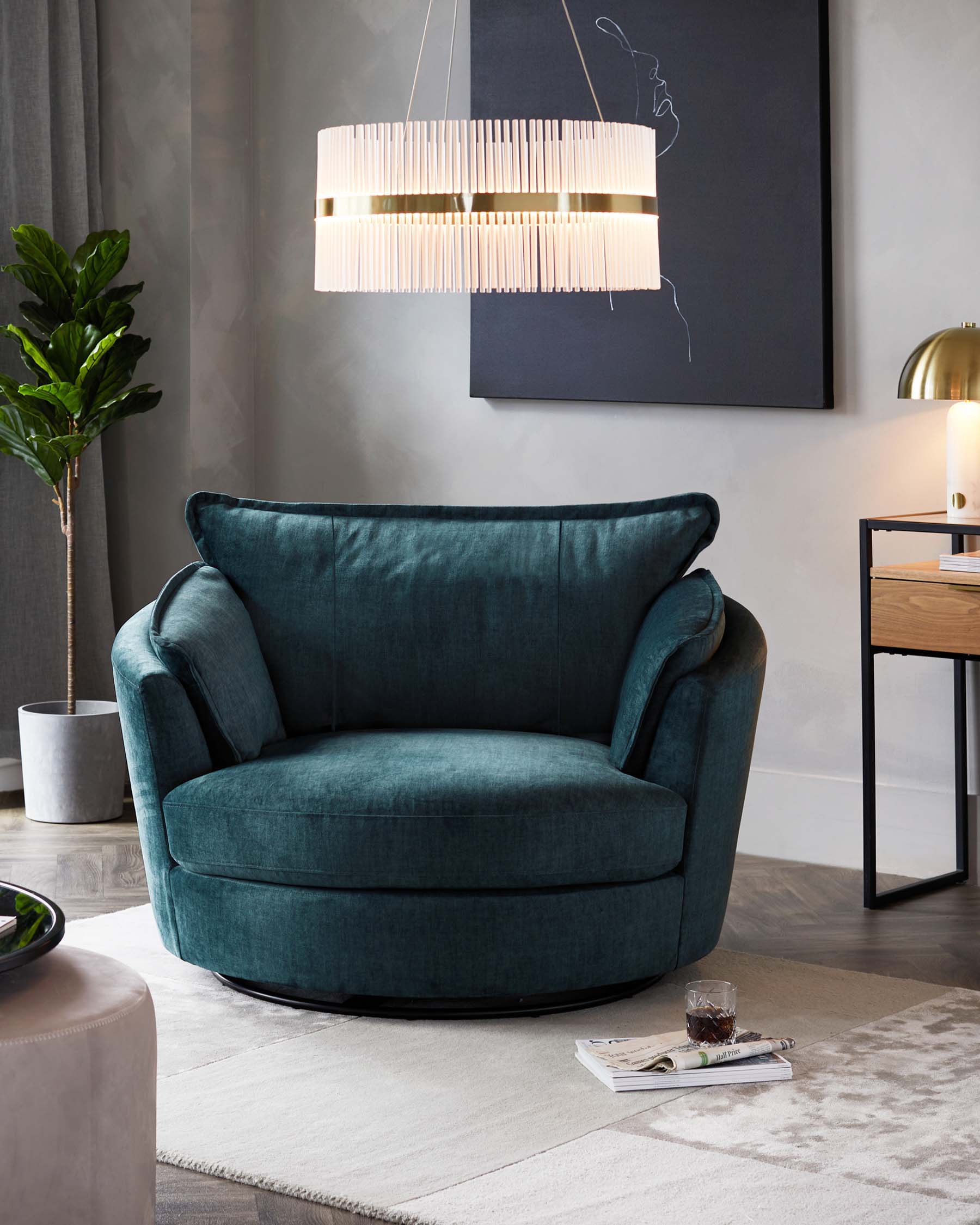 Luxurious deep teal velvet swivel armchair with plush, rounded cushions and a low backrest, set on a subtle circular base. In the background, a modern, minimalist side table hosts a gold-toned lamp with a white shade, complementing the contemporary decor theme with an abstract wall art piece and pendant light with fringe detailing, all atop a neutral-toned area rug.