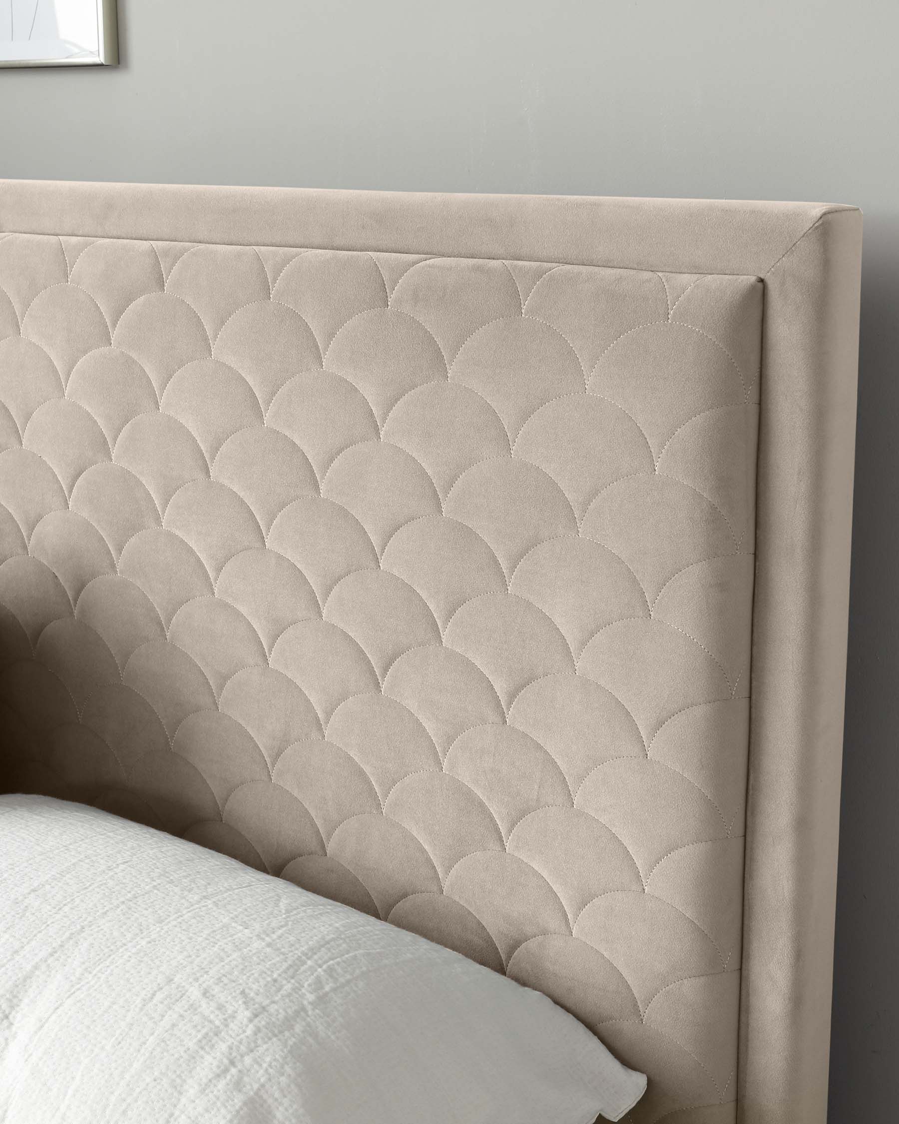 Elegant upholstered headboard featuring a scalloped top edge with tufted details forming a plush, timeless scallop pattern, in a neutral beige fabric.