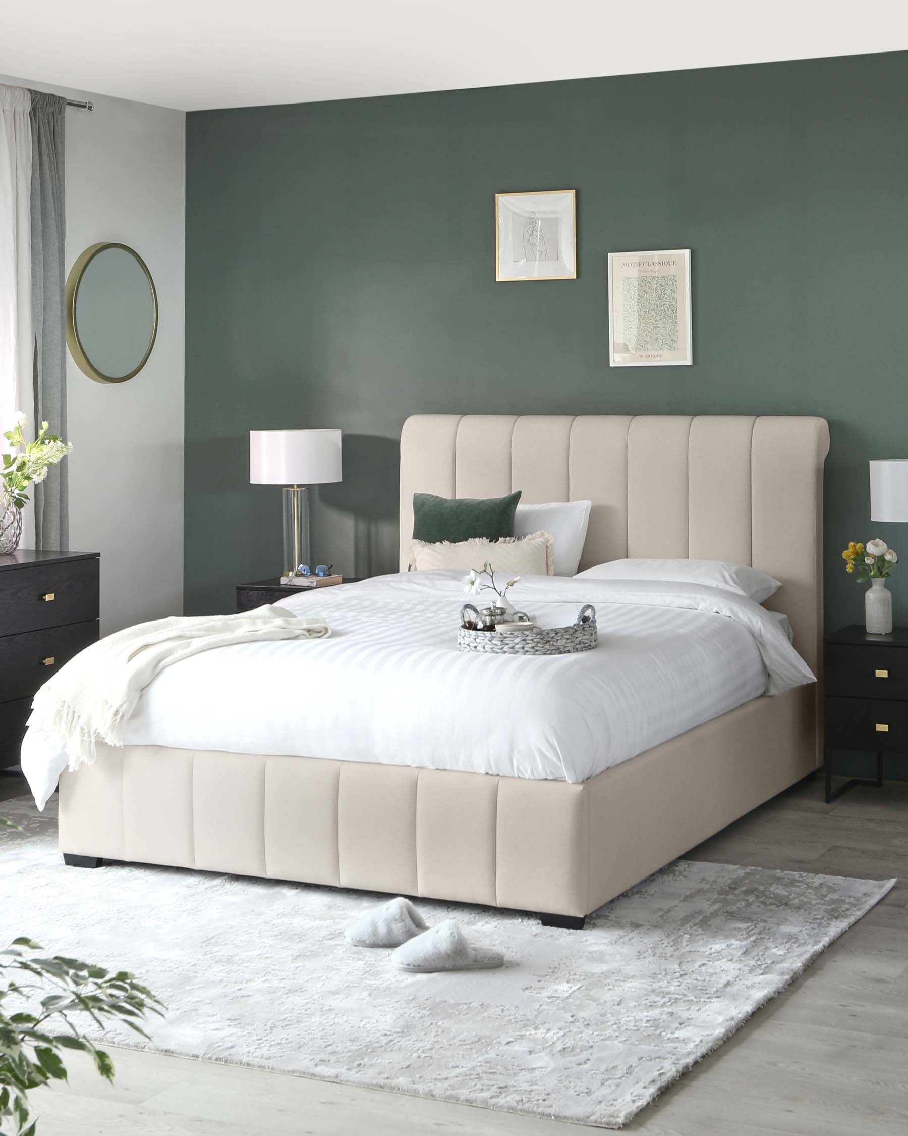 A contemporary bedroom featuring a plush, upholstered king-size bed with an oversized beige headboard, matched with two dark wood bedside tables, each holding a white lamp with a cylindrical shade. The room includes a light grey area rug beneath the bed, adding texture to the space.