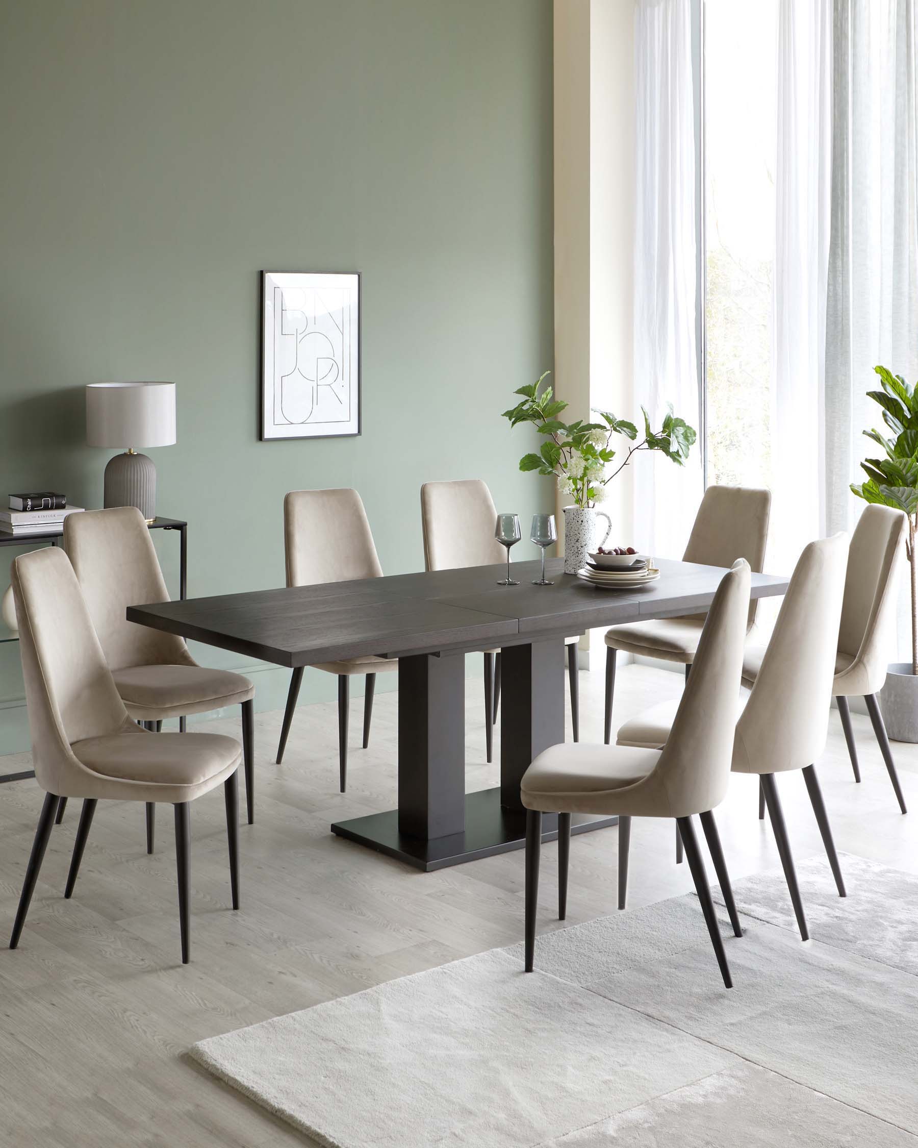 Modern dining room furniture set featuring a rectangular, dark wood table with a robust, block-style base and six cream upholstered chairs with slender, black legs. A simple, elegant design suited for contemporary interiors.