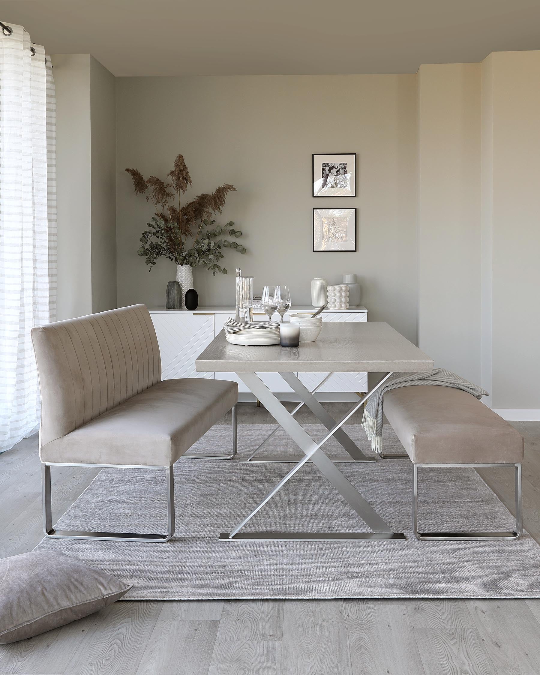 Modern minimalist dining room furniture including a rectangular dining table with a white textured surface and crossed metal legs, paired with two upholstered bench seats with horizontal stitching and sleek metal frames. A neutral colour palette is complemented by subtle decorative items and framed artwork on the wall.