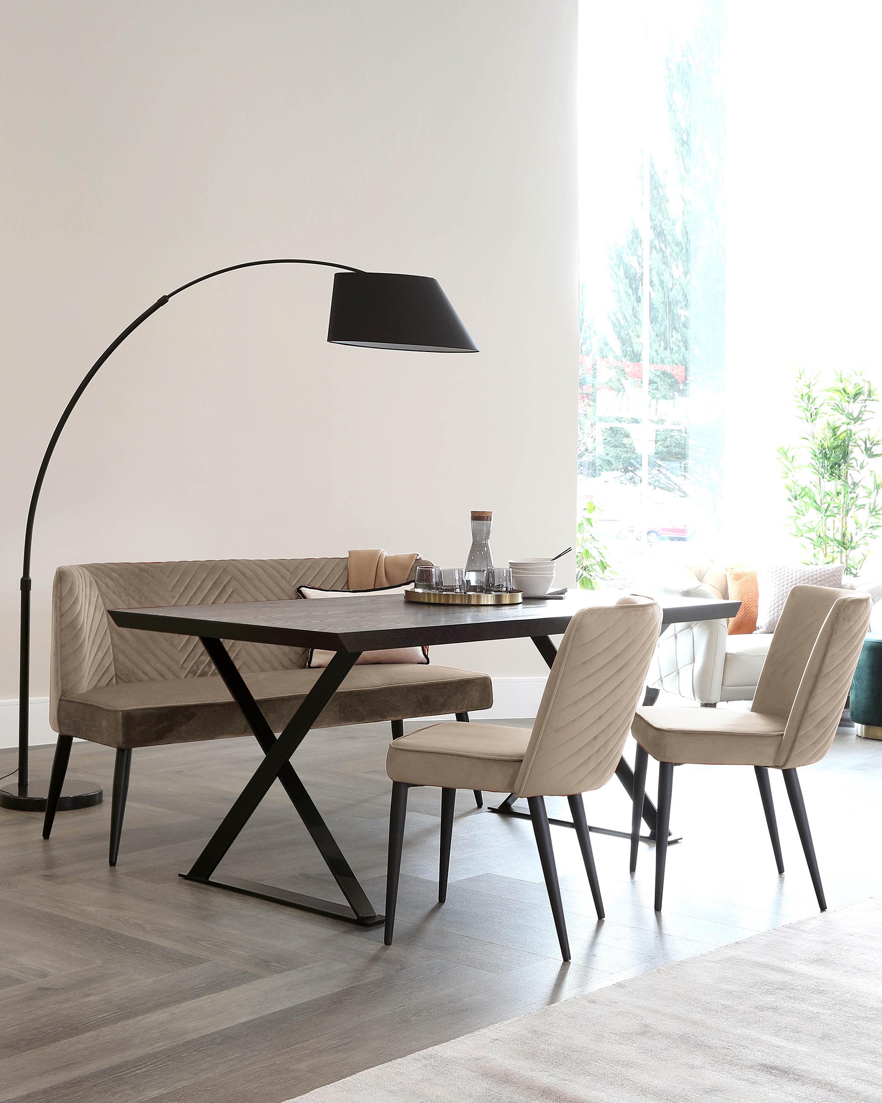 Modern dining room interior with a stylish wooden table with black X-shaped legs and four upholstered chairs with elegant channel tufting and black metal legs. A sleek, overhanging floor lamp with a curved stand and black shade adds a contemporary touch to the space.