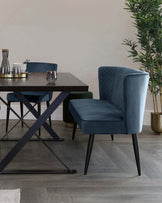 serena velvet 3 seater dining bench with backrest dark blue