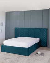 Teal upholstered bed with a geometric headboard, a minimalist design, and a cozy, modern aesthetic.