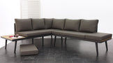 Modern L-shaped sectional sofa in dark grey fabric with black metal legs, paired with a matching rectangular ottoman and a wood-topped coffee table with black metal frame.