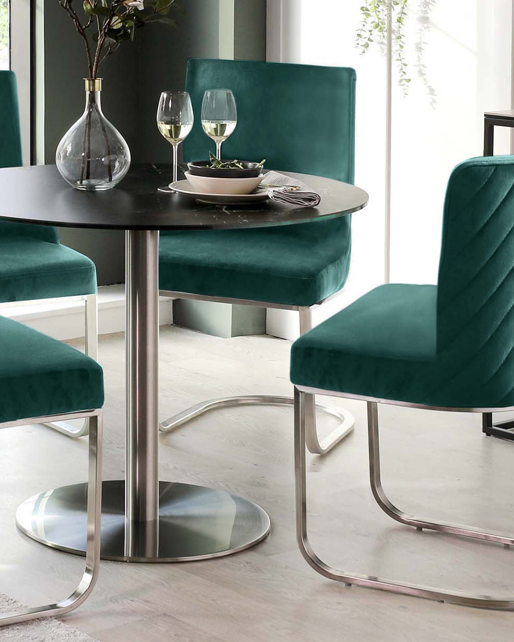 A sleek round black table with stainless steel base, paired with plush green velvet chairs, creating a modern dining setup.