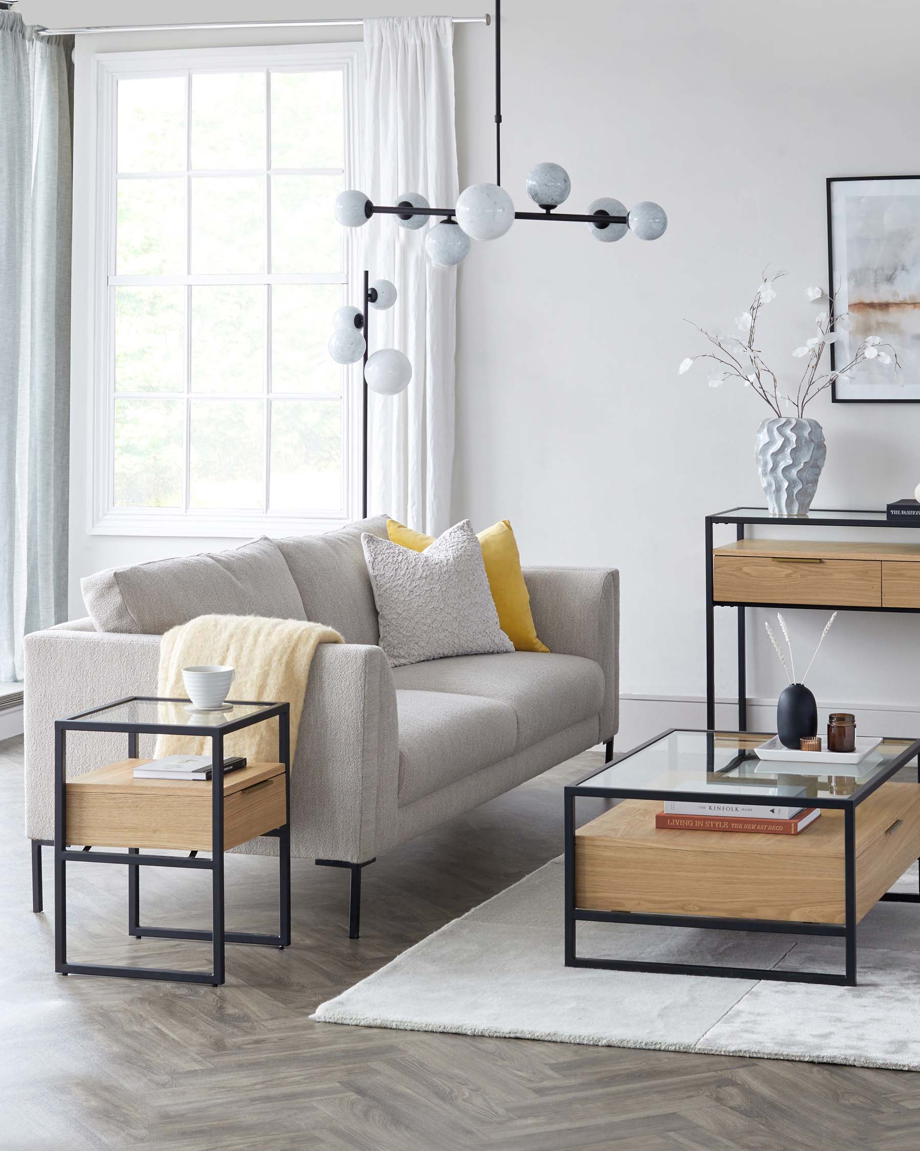 A modern living room display featuring a light grey fabric sofa adorned with yellow and grey pillows, two minimalist side tables with black metal frames and wooden drawers, and a square coffee table with a black frame and glass top containing books and decorative items. A wooden console table with an open shelf sits against the wall beside a piece of abstract art.