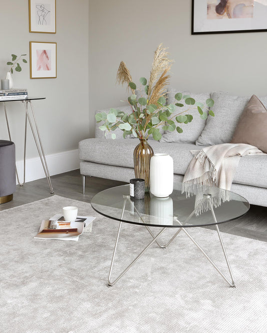 A modern living room featuring a contemporary light grey fabric sofa with plush cushions and a throw blanket. In front of the sofa, there's a round glass-top coffee table with a sleek, minimalist metal frame that intersects at the base. A small, elegant round side table with a black top and three slender, tapering metal legs is placed beside the sofa. The room is completed with a soft textured area rug in a light neutral colour that adds warmth to the space.