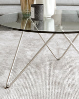 Modern glass coffee table with a sleek, chrome-finished metal base featuring an intersecting X-shaped design. The table is set on a textured beige area rug.