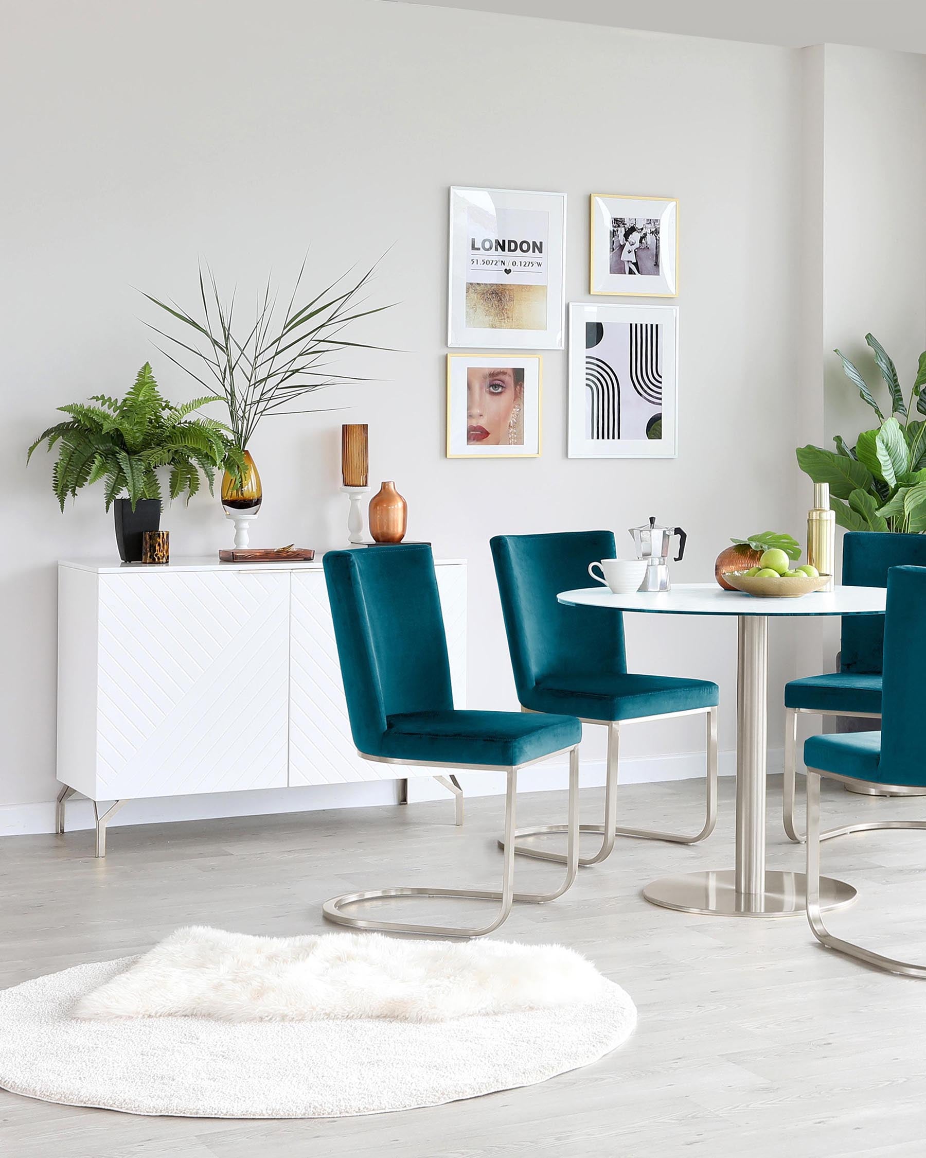 Elegant dining room featuring a white, geometric-patterned sideboard, a round, white dining table with a metallic base, and four plush, teal velvet dining chairs with unique metal legs. A white, shaggy area rug adds texture to the light hardwood floor.