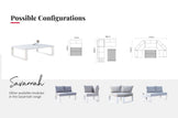 Modern outdoor furniture collection titled 'Savannah' featuring white-framed pieces with clean lines and light grey cushions. Includes a low rectangular coffee table with slatted top design, various modular sofa elements such as an armless seat, corner seat, left and right armchairs, and sectional arrangements showcasing potential configuration diagrams with dimensions.