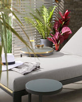 Modern outdoor furniture set consisting of a low-profile grey upholstered chaise lounge and two minimalist round side tables, one featuring a golden rim accent. The furniture is set against a backdrop of greenery and a textured grey wall, indicating a stylish patio or deck arrangement.