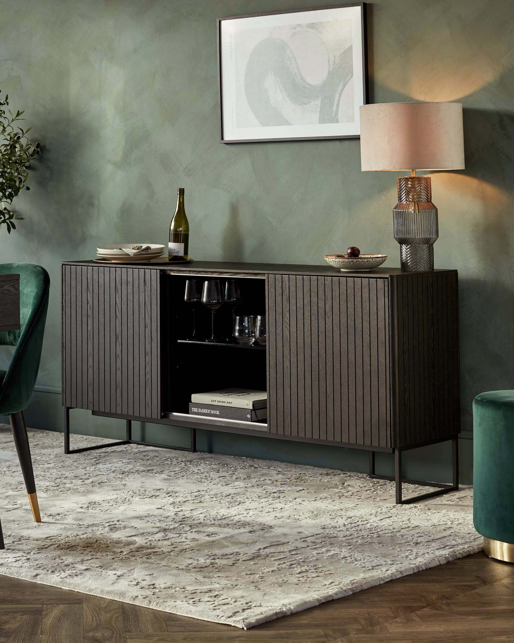 Modern charcoal sideboard with a textured front, featuring a metallic base and open shelving. Accompanied by an abstract-patterned area rug in muted grey and cream tones.