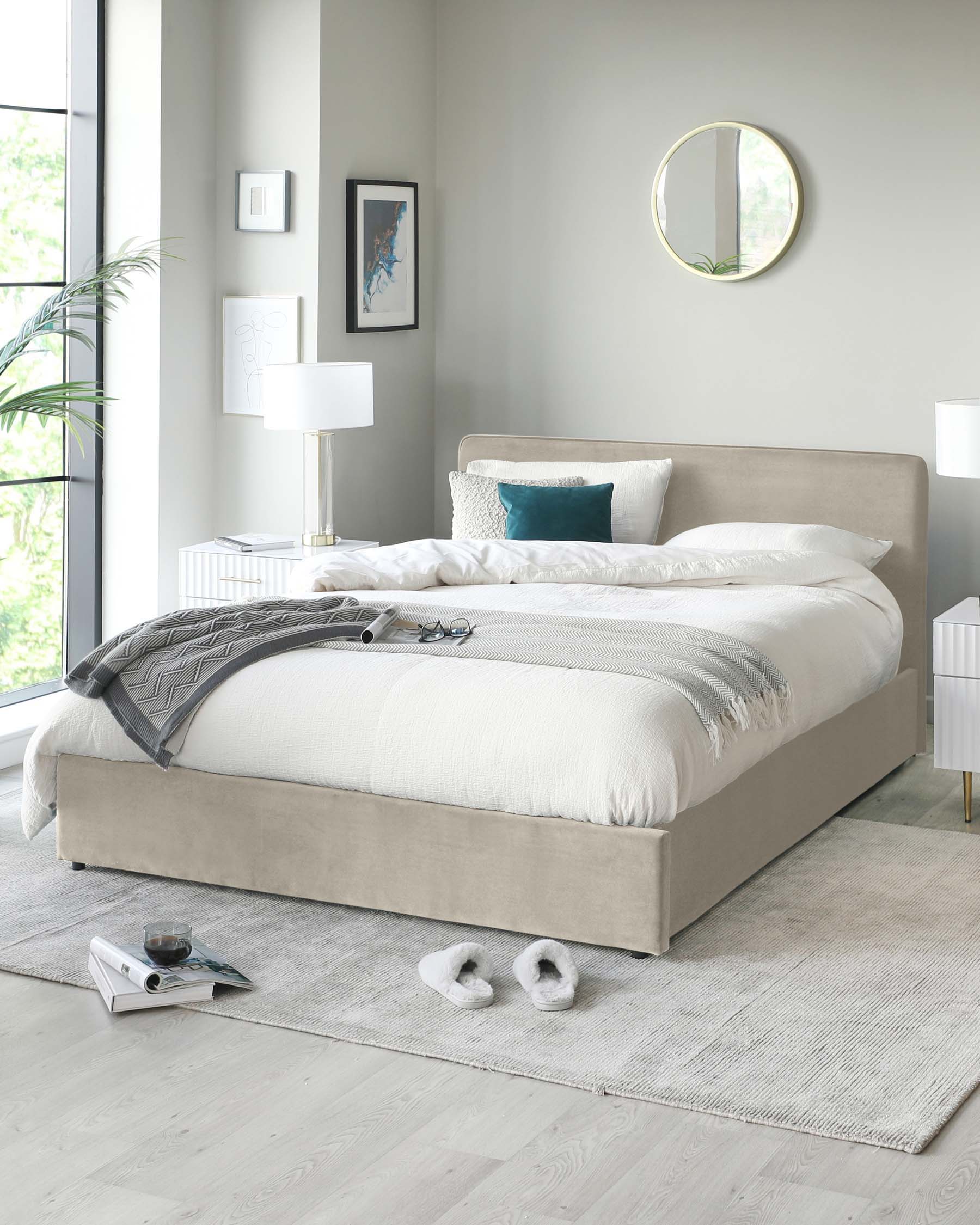 A contemporary bedroom featuring a beige upholstered platform bed with a gently curved headboard. Matching white bedside tables flank the bed, each adorned with a chic white lamp with a gold base. A round gold-framed mirror hangs on the wall, reflecting natural light from a window. The setting is grounded by a soft grey area rug, which complements the light hardwood floor.